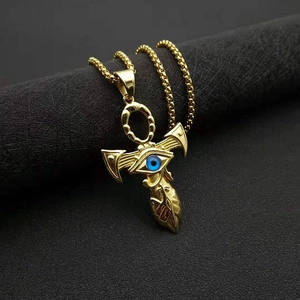 Golden stainless steel Ankh necklace with blue Eye of Horus pendant on bead chain