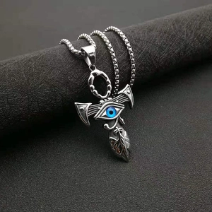Titanium steel Eye of Horus pendant necklace with blue eye detail on box chain