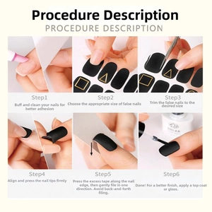 Step-by-step application guide for matte black press-on nails with gold geometric lines