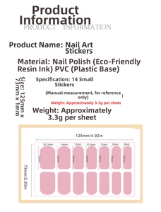 Size chart showing 14 adhesive nail stickers with detailed dimensions in millimeters