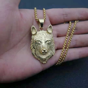 Golden punk viking wolf head pendant necklace with box chain for men's jewelry