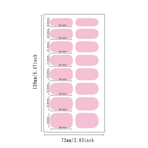 Size guide for gold French pink glitter nail stickers featuring 16 pieces and measurements