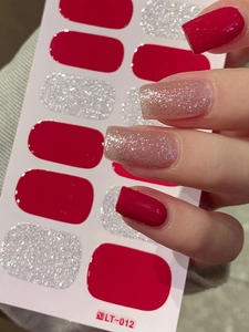 Detail of LT-012 self-adhesive nail stickers in solid red and silver glitter finishes