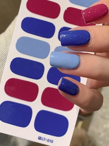 Detail view of LT-010 self-adhesive nail wraps in gradient blue and rose red colors