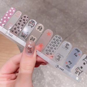 Cute cat pattern gel nail stickers in lavender and silver for a durable manicure