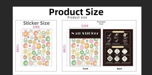Detailed dimensions of fruit nail stickers with packaging and visual application guides