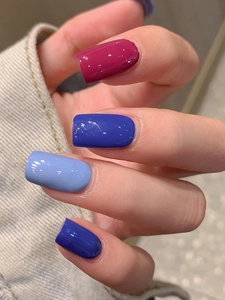 Glossy gradient blue and dark rose nail stickers shown with a high-shine finish