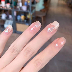 French nude nail stickers with silver glitter foil and sequin accents in square shape
