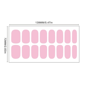 Detailed dimensions of the 16-piece pink nail wraps showing length and width measurements