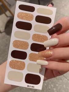 Detail of LT-003 nail stickers in coffee, beige, and gold glitter with 14 pieces