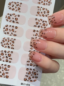 Detailed leopard print nail stickers showing full wrap design and glossy finish effect