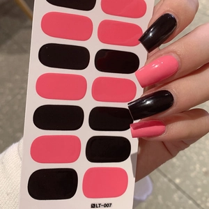 Pink and black self-adhesive nail stickers LT-007 with glossy finish on fingers