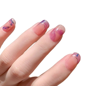 Pink and purple gradient press-on nails with gold leaf outlines and silver glitter detail