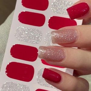 Dual-color self-adhesive nail stickers with bright red and silver glitter finish