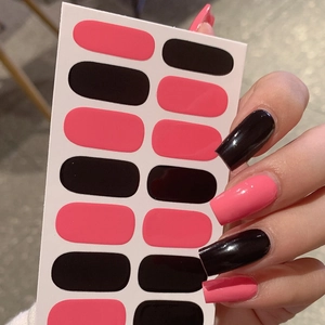 Glossy black and hot pink self-adhesive nail stickers in long round shape for women