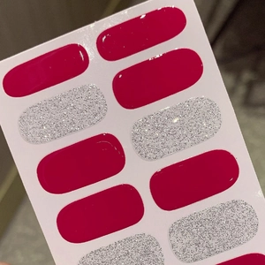 Dual-color self-adhesive nail stickers in glossy magenta and shimmering silver glitter