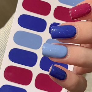 Gradient blue and magenta self-adhesive nail stickers with glossy finish for manicure