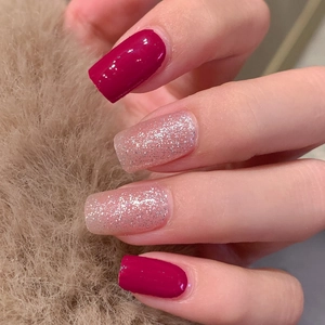 Dual-color self-adhesive nail stickers in deep rose red and silver glitter square shape