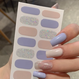 Purple and beige self-adhesive nail polish stickers with silver glitter for DIY manicure