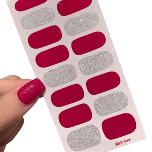 Self-adhesive nail stickers in rose red and glitter silver finish, model LT-012