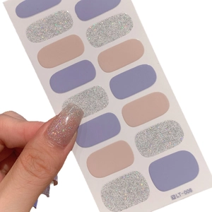Purple and pink adhesive nail stickers with glitter accents on white background, set LT-006