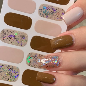 Coffee Brown Glitter Full Wrap Nail Polish Stickers No Bake Manicure Decals DIY Fashion Women Long Lasting Nail Art Stickers