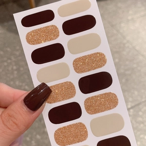 Solid color and glitter gold nail wraps set with 14 stickers in brown and cream shades
