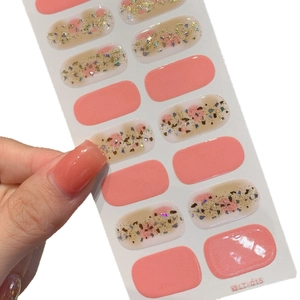 Pink gradient nail stickers with glitter accents in LT-015 pattern for waterproof manicure