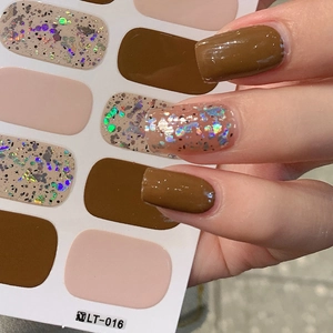 Brown sequin nail wraps with coffee tones and glitter accents for autumn fashion
