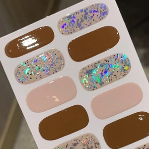 Brown and nude glitter nail polish wraps with glossy finish and laser sequins