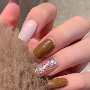 Coffee brown sequins and nude pink full cover nail polish wraps set with glossy finish