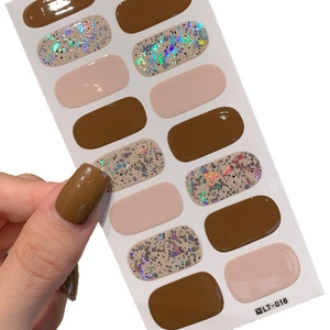 Brown glitter sequin nail wraps with nude pink and sparkle details for autumn manicure