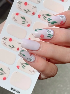 Detailansicht der LT-054 Nagelsticker mit rosa Tulpen, roten Blüten und grünen Blättern