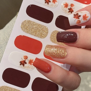 Autumn Maple Leaf Nail Art Stickers Self Adhesive Full Wrap Nail Decals Gold Glitter Red Orange DIY Nail Decoration LT-022