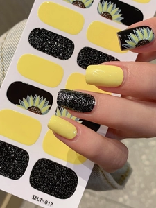 Detail of LT-017 waterproof sunflower nail wraps with yellow and black glitter design