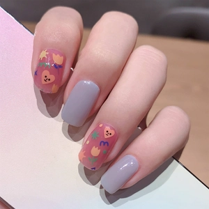 Smoky blue hand-painted floral nail stickers with heart and tulip patterns