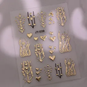 Stickers ongles dorés 3D en relief avec motifs de cœurs et feuilles, modèle JY-039