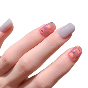Haze blue and pink gel nail stickers with hand-painted heart and flower patterns