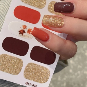 Autumn maple leaf nail wraps in burgundy and glitter finish, full cover nail art set LT-022