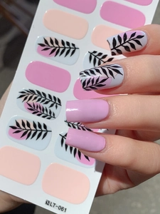 Detail of LT-061 leaf nail stickers with pink finish and model application