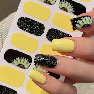 Sunflower Self-Adhesive Nail Stickers Waterproof Resin Nail Polish Film Decals Yellow Black Glitter Flower Nail Art For Women