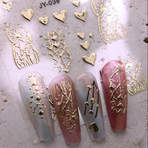 Autocollants à Ongles 3D en Or Relief Motif Cœur Croix Floral Métallique Décalcomanies Manucure DIY pour Femmes Décoration