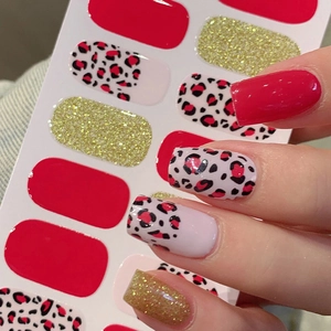 Red Leopard Print Heart Nail Stickers Waterproof Self-Adhesive Gold Glitter Nail Art Decals For Women Fashion Manicure DIY