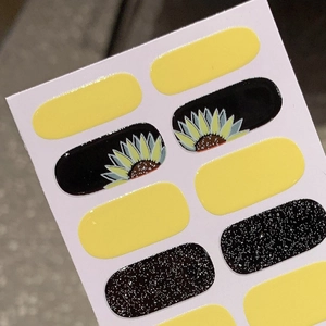 Waterproof sunflower nail stickers set with bright yellow and black glitter patterns