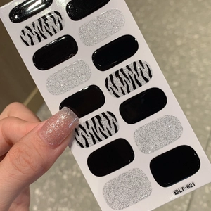 Zebra print nail wraps with black and silver glitter, full cover nail sticker set