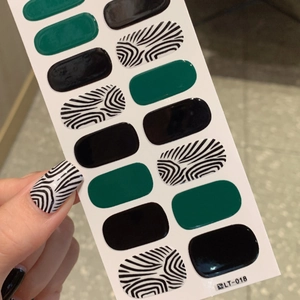 Waterproof zebra pattern nail stickers in dark green and black finish, 14 pieces set