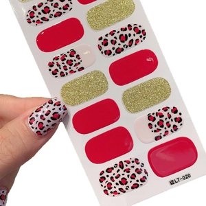 Waterproof red leopard nail art stickers with gold glitter accents, model LT-020