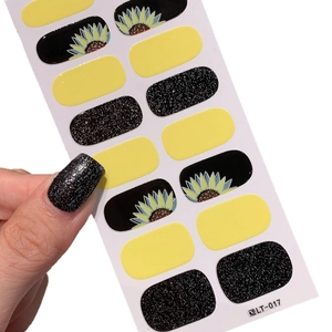 Waterproof yellow sunflower nail stickers set LT-017 with black glitter and floral patterns