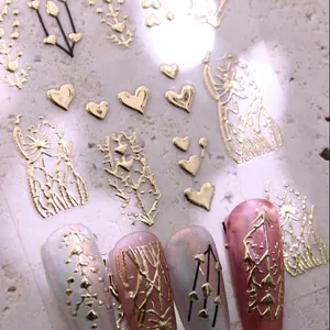 Autocollants ongles 3D dorés JY-039 motifs cœurs et feuilles pour manucure