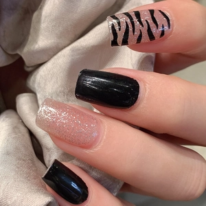 Glossy black and pink glitter leopard zebra pattern full wrap nail art stickers